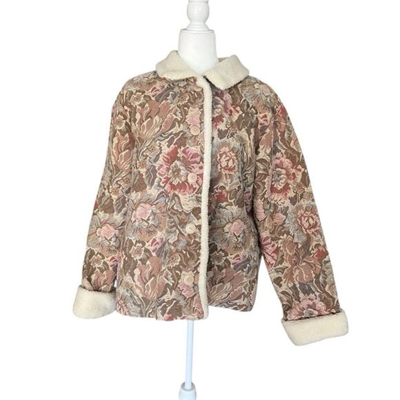 Vintage Jackets & Blazers - Coldwater Creek Tapestry Floral Jacket Sherpa Trim Cottagecore M